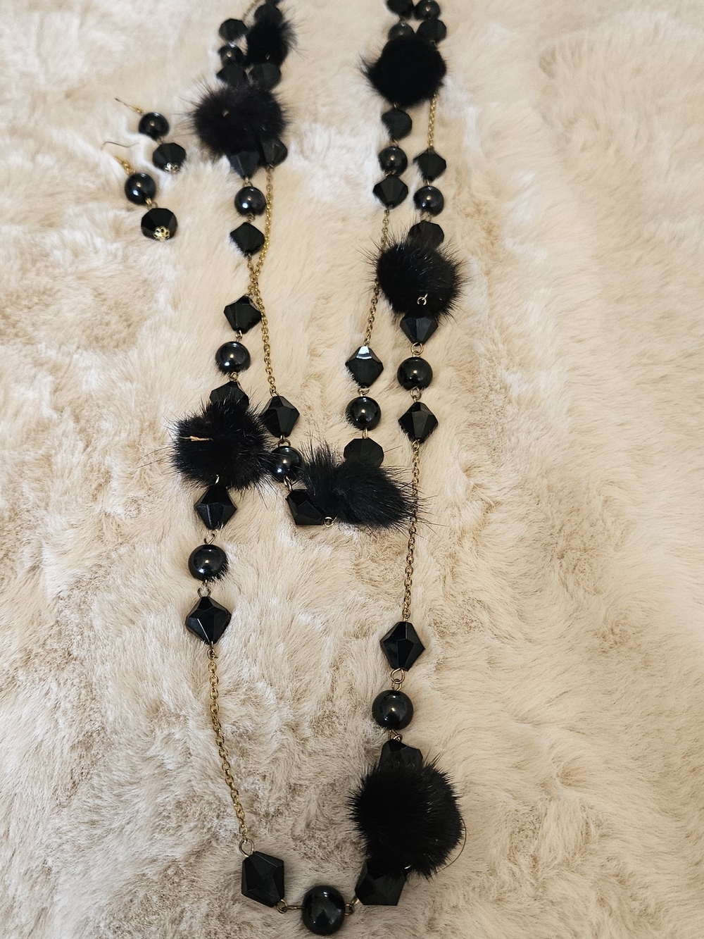 Black Faux Fur Pom Long Necklace and Earring Set